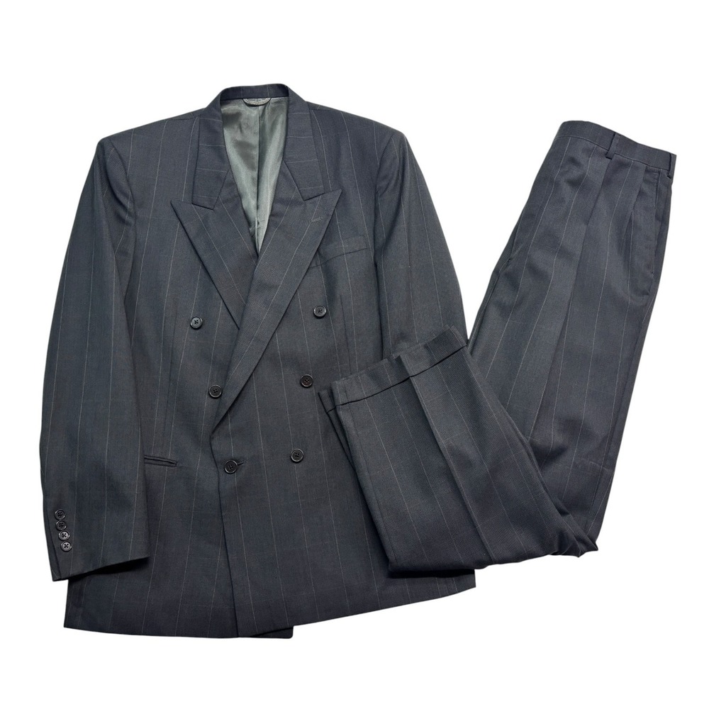 vtg 90s Christian Dior 44L 36x32 Gray Windowpane Pant Suit Double Breasted USA